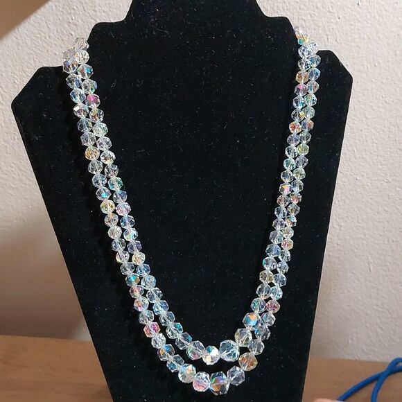 Vintage Aurora Borealis AB Glass Crystals Double Strand Glam Necklace - Picture 2 of 7